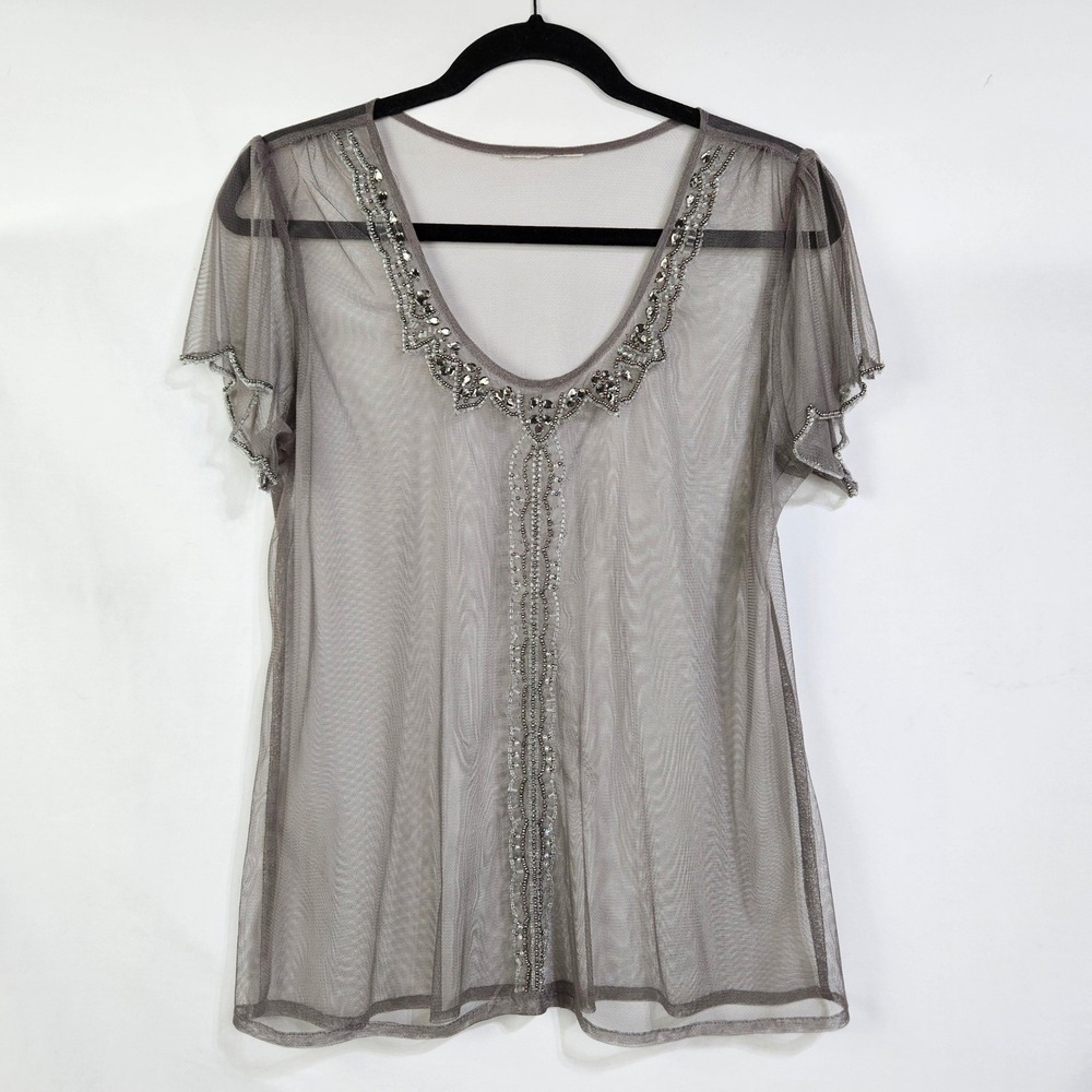 Whimsigoth Gray Beaded Mesh Sheer Short Sleeve Top Large Y2K Fairycore Romantic